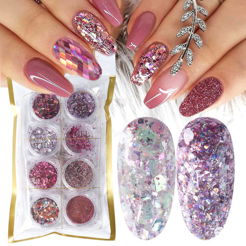 8 BOX MIX GLITTER NAIL ART POWDER FLAKES SET